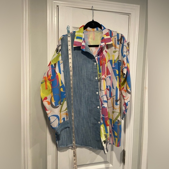 VTG Colorful Alphabet Blue Colorblock Size 2X Button Down Collared Shirt - Picture 9 of 10